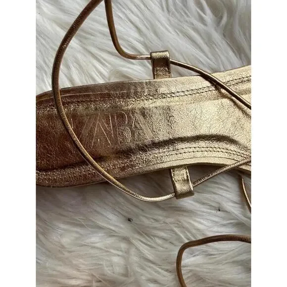 ZARA Gold Metallic Strappy Sandals Size 39 - Picture 2 of 6